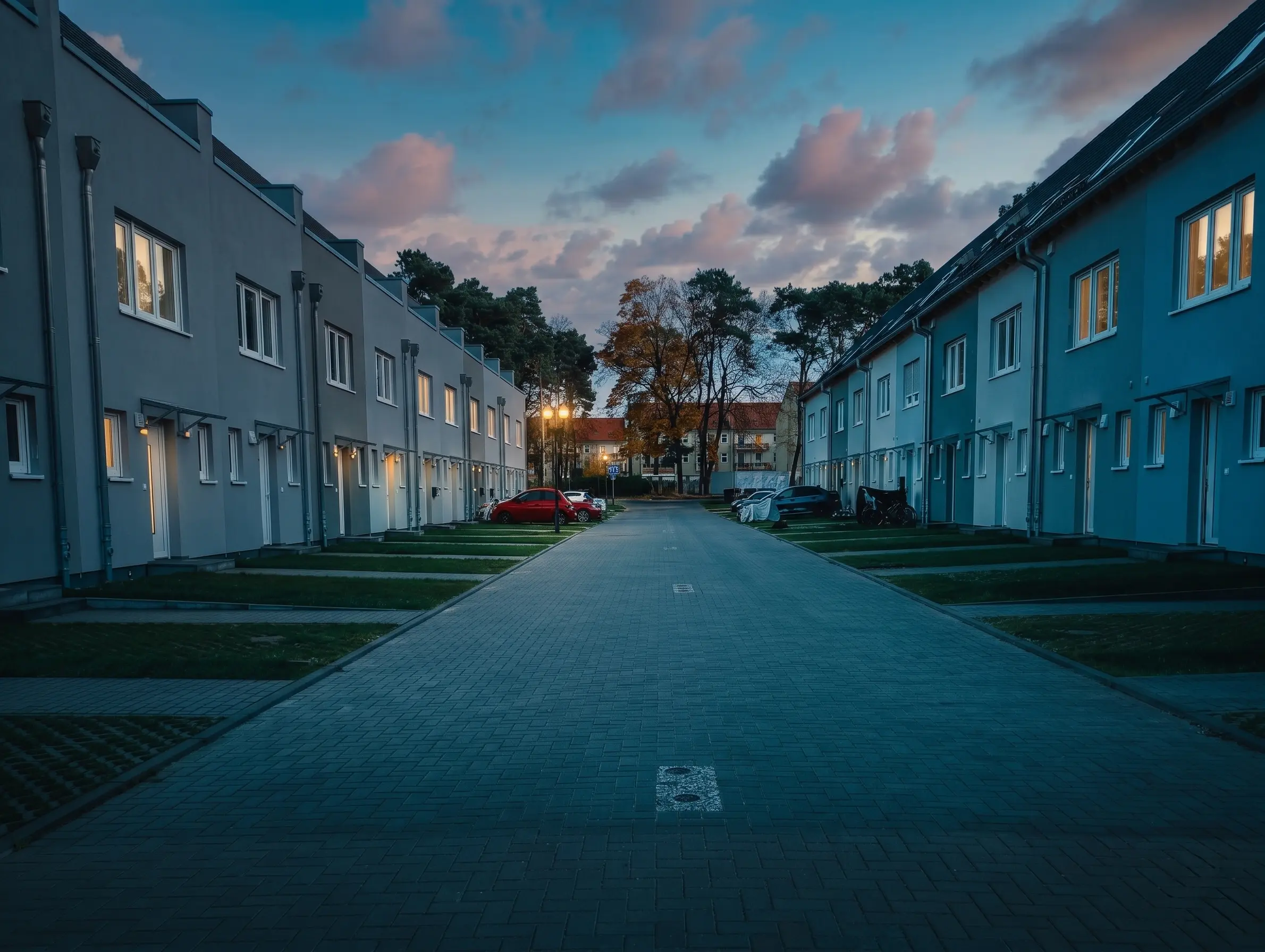 Wohnstraße im Fontaneviertel in Zossen bei Dämmerung