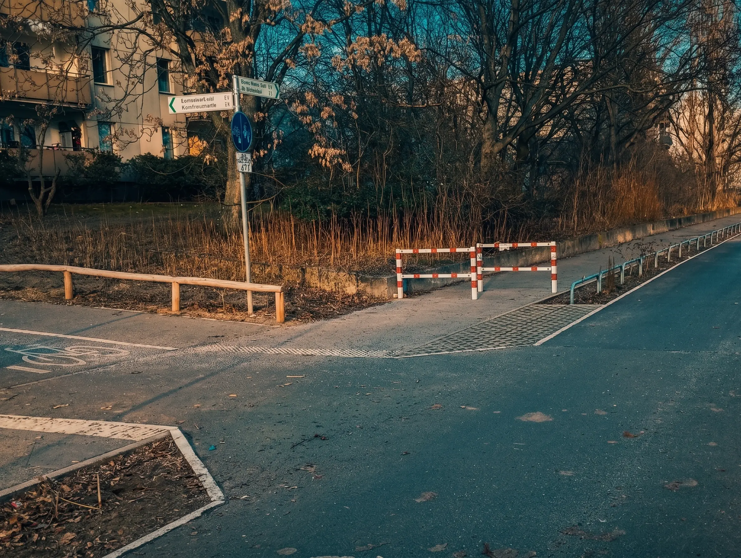 Radweg am Westhafenkanal mit Fahrradsymbol auf dem Asphalt